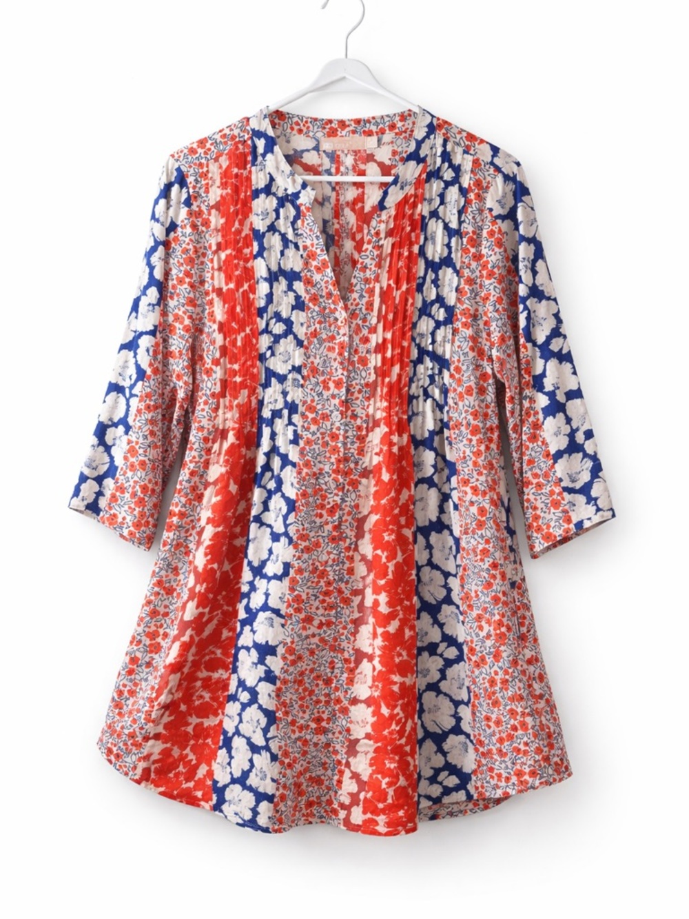 LA CERA Boho Floral Tunic Top L Red Blue Patchwork Pockets